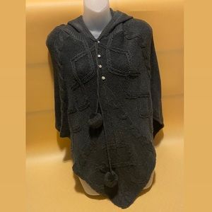 Majora Grey Knit Poncho With Rhinestones & Pom Pom